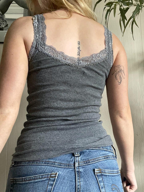 Lace Trim Gray Tank Top - Image 3