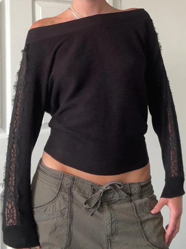 Lace-Trimmed Knit Top Long Sleeve - Image 2