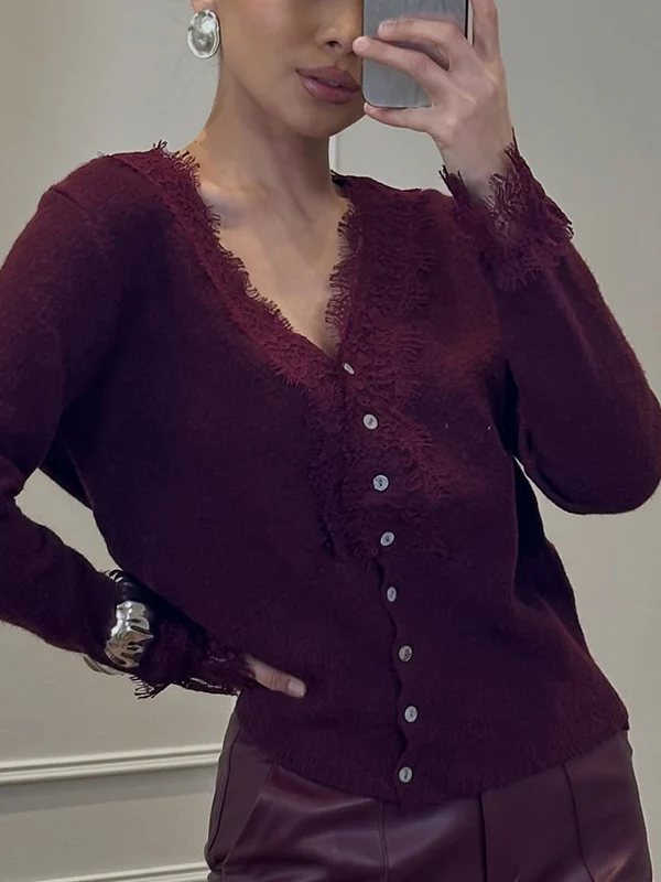Lace-Trimmed Multicoloured V-Neck Cardigan - Image 2