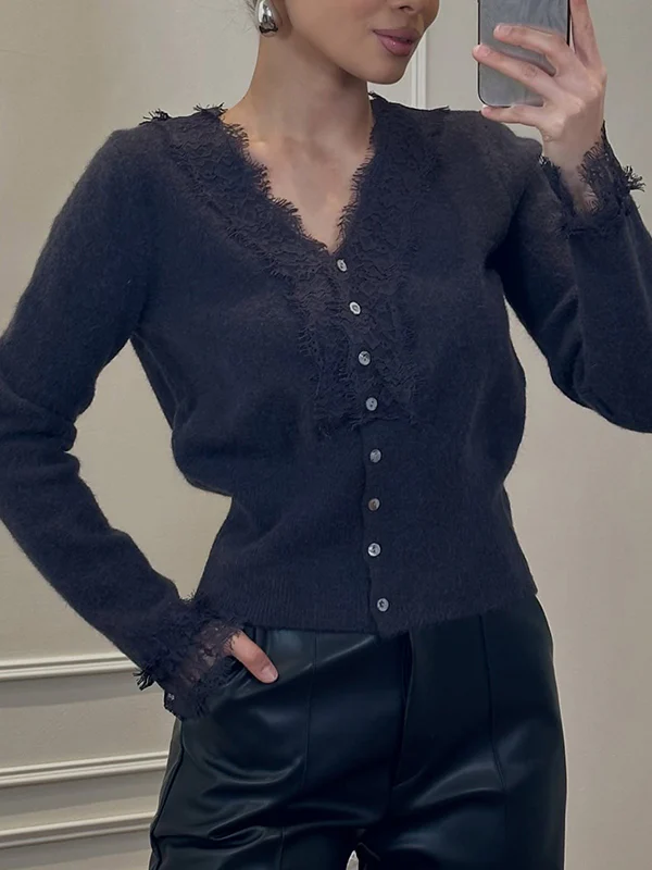 Lace-Trimmed Multicoloured V-Neck Cardigan - Image 5
