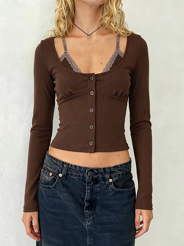 Lace-Trimmed Spaghetti-Strap Patchwork Long Sleeve - Image 4