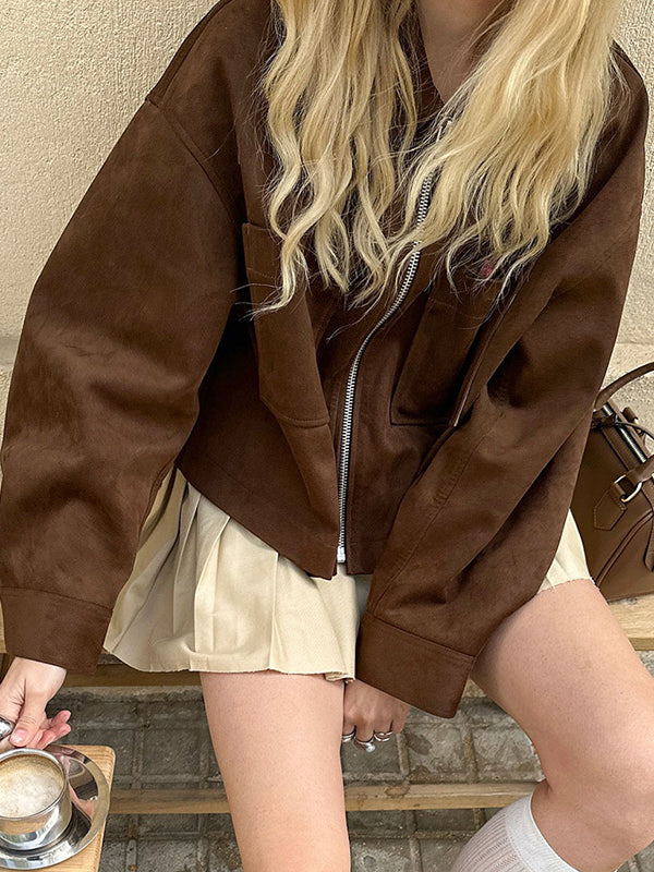 Lapel Zip Suede Jacket - Image 3