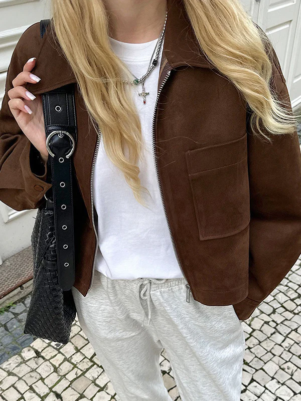 Lapel Zip Suede Jacket - Image 4