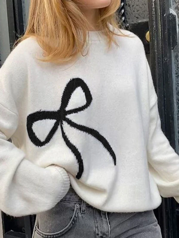 Large Bow Print Pullover Sweater - Image 2