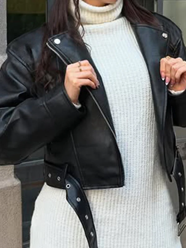 Leather Patchwork Zipper Jacket - Image 5