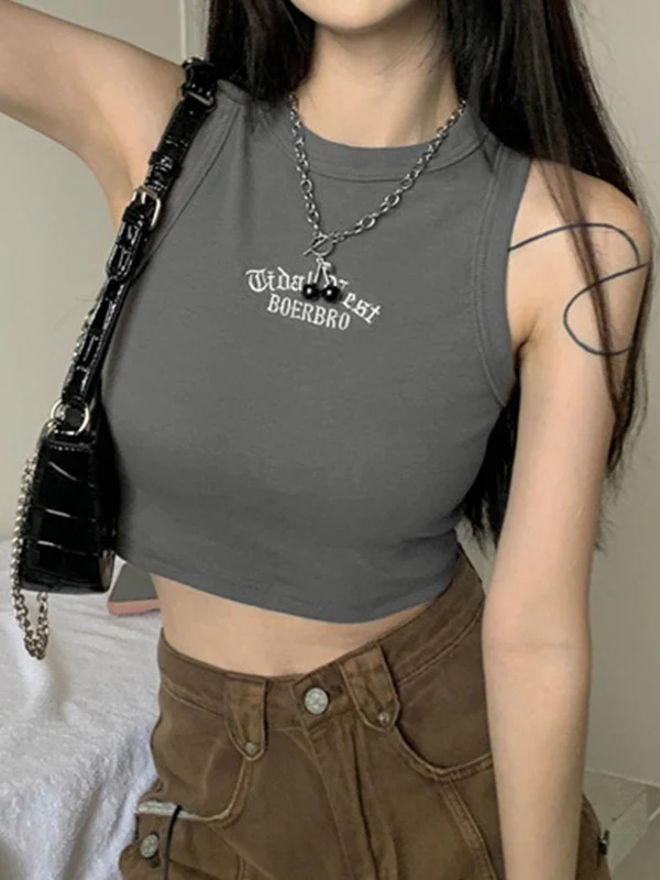 Letter Embroidery Ribbed Cropped Tank Top - Image 10