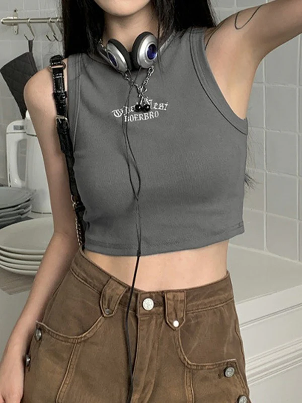 Letter Embroidery Ribbed Cropped Tank Top - Image 11