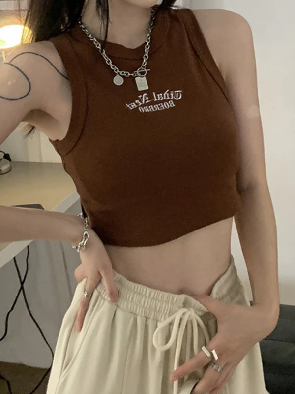 Letter Embroidery Ribbed Cropped Tank Top - Image 13