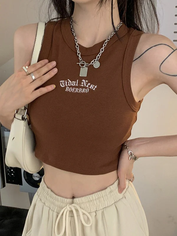 Letter Embroidery Ribbed Cropped Tank Top - Image 15