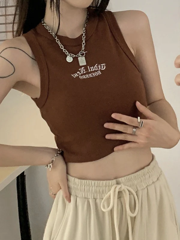 Letter Embroidery Ribbed Cropped Tank Top - Image 16