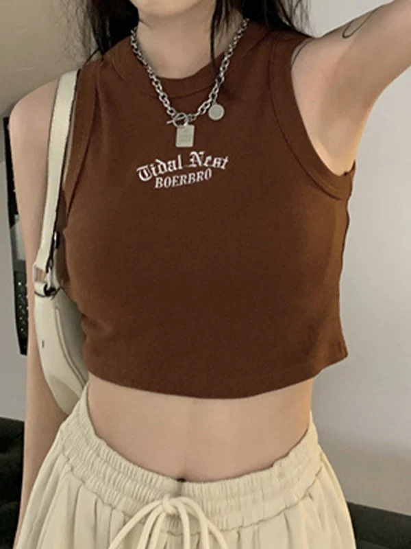 Letter Embroidery Ribbed Cropped Tank Top - Image 17