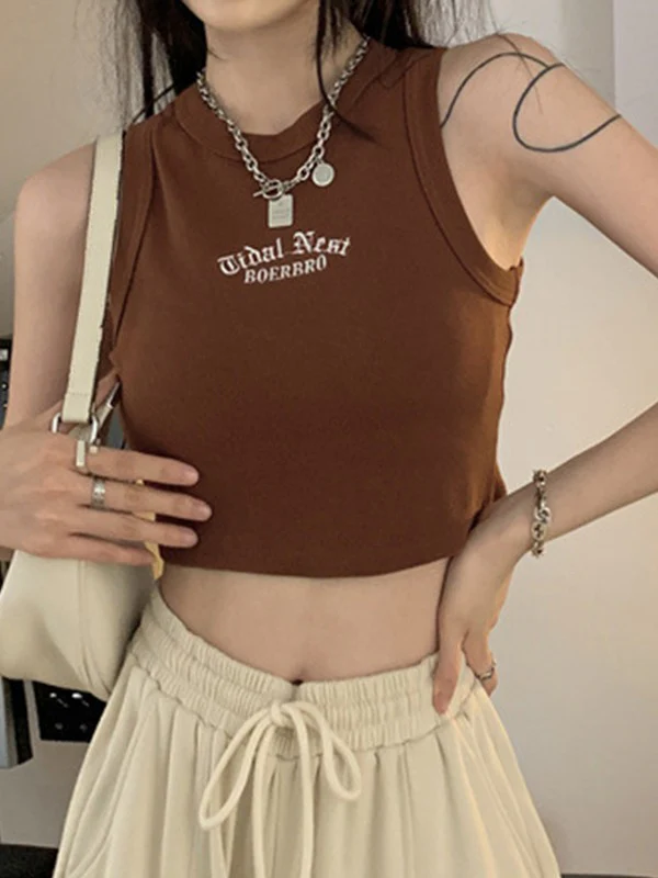 Letter Embroidery Ribbed Cropped Tank Top - Image 18