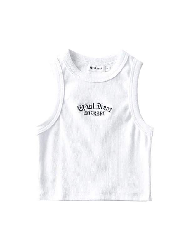 Letter Embroidery Ribbed Cropped Tank Top - Image 19