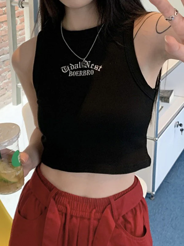 Letter Embroidery Ribbed Cropped Tank Top - Image 2