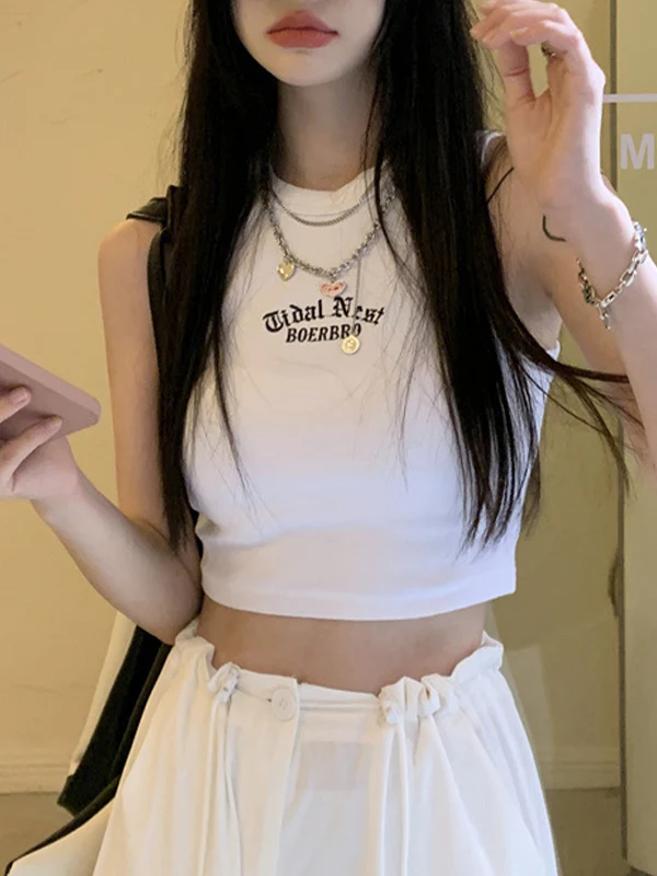 Letter Embroidery Ribbed Cropped Tank Top - Image 20