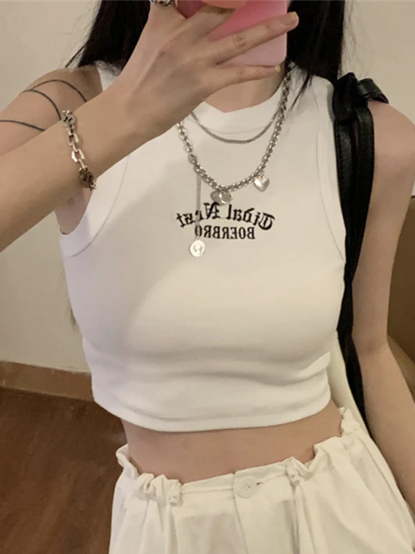 Letter Embroidery Ribbed Cropped Tank Top - Image 21