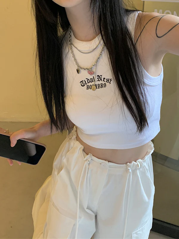 Letter Embroidery Ribbed Cropped Tank Top - Image 23