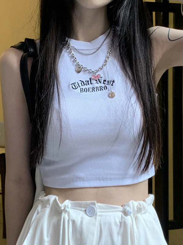 Letter Embroidery Ribbed Cropped Tank Top - Image 24