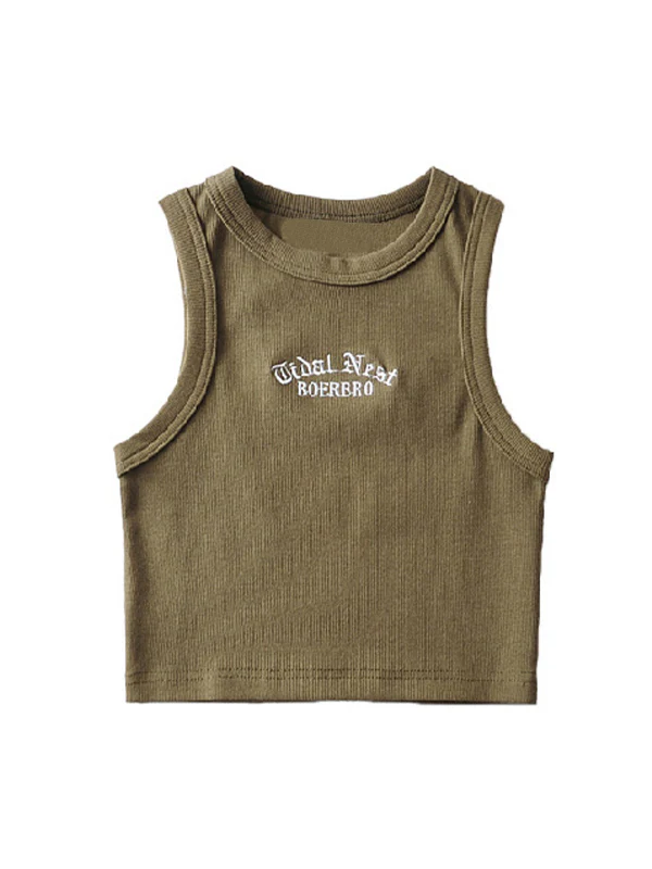 Letter Embroidery Ribbed Cropped Tank Top - Image 25