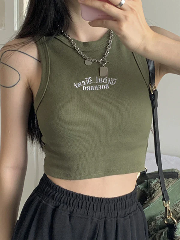 Letter Embroidery Ribbed Cropped Tank Top - Image 26