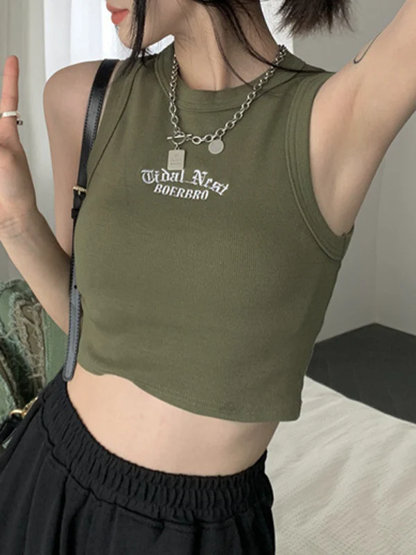 Letter Embroidery Ribbed Cropped Tank Top - Image 28