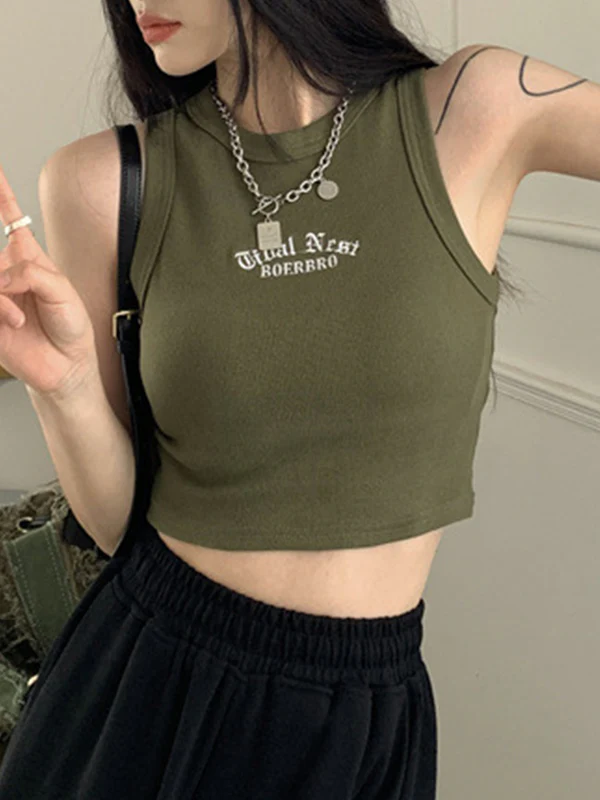 Letter Embroidery Ribbed Cropped Tank Top - Image 30