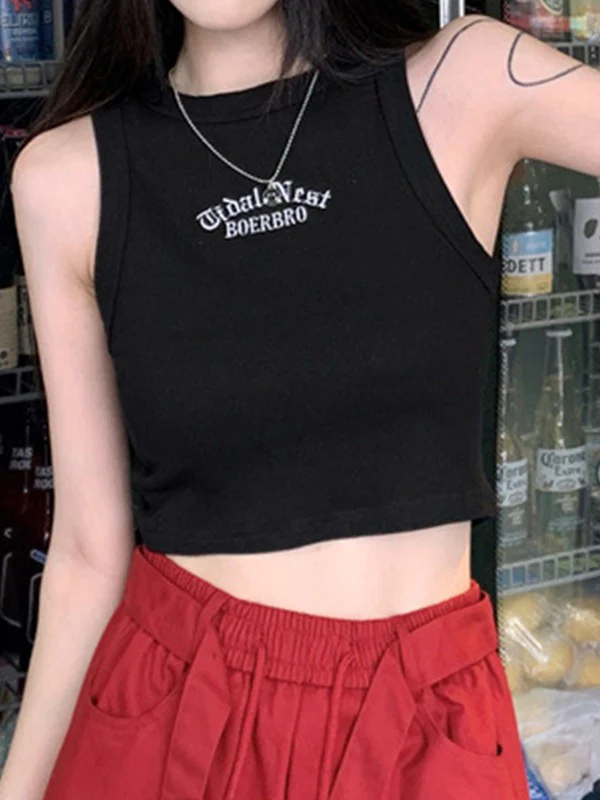Letter Embroidery Ribbed Cropped Tank Top - Image 5