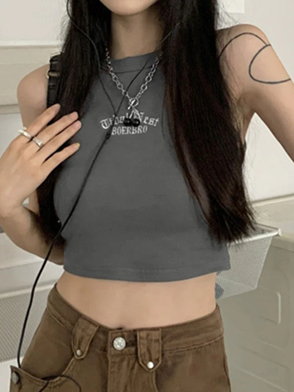 Letter Embroidery Ribbed Cropped Tank Top - Image 8