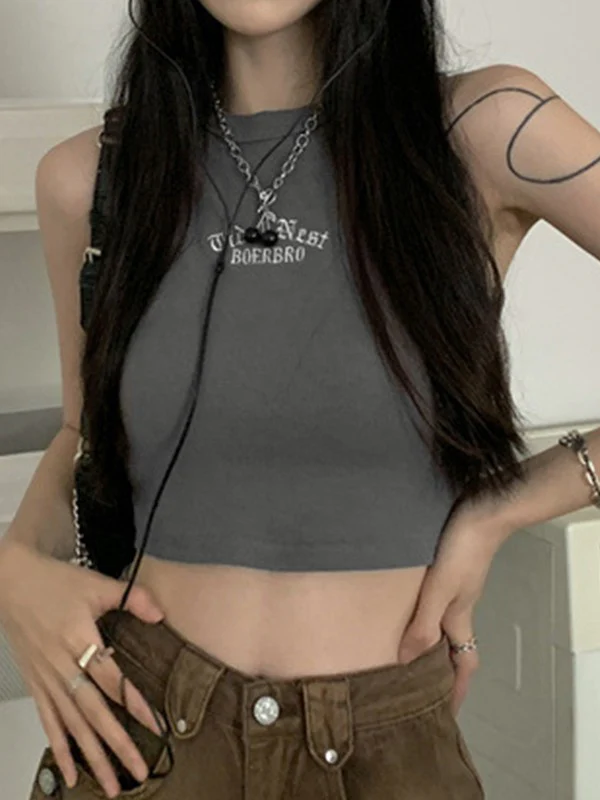 Letter Embroidery Ribbed Cropped Tank Top - Image 9
