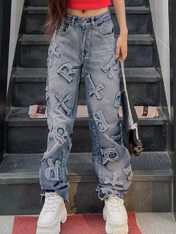 Letter Patch Faded Boyfriend Jeans - Image 16