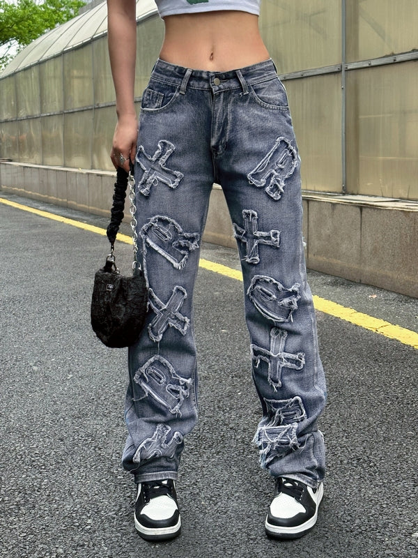 Letter Patch Faded Boyfriend Jeans - Image 22