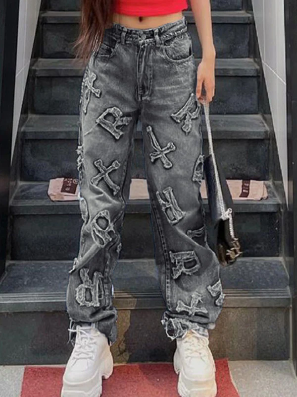 Letter Patch Faded Boyfriend Jeans - Image 30