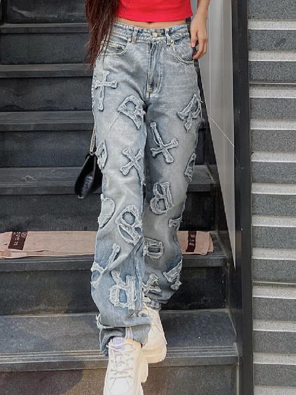 Letter Patch Faded Boyfriend Jeans - Image 7
