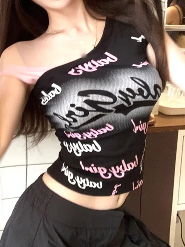 Letter Printed Stitching Off-shoulder Short Tee - Image 2