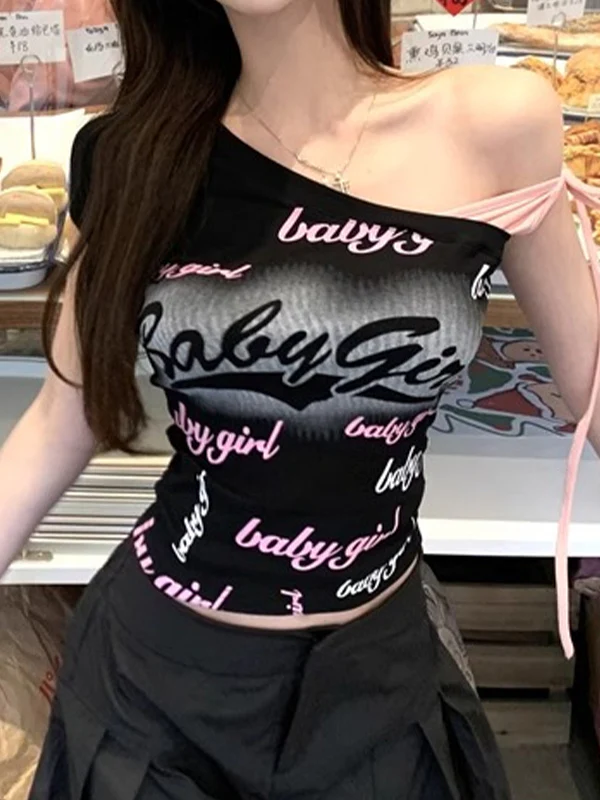 Letter Printed Stitching Off-shoulder Short Tee - Image 3
