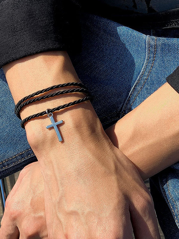 Men's Cross Pendant Layered Rope Bracelet - Image 4