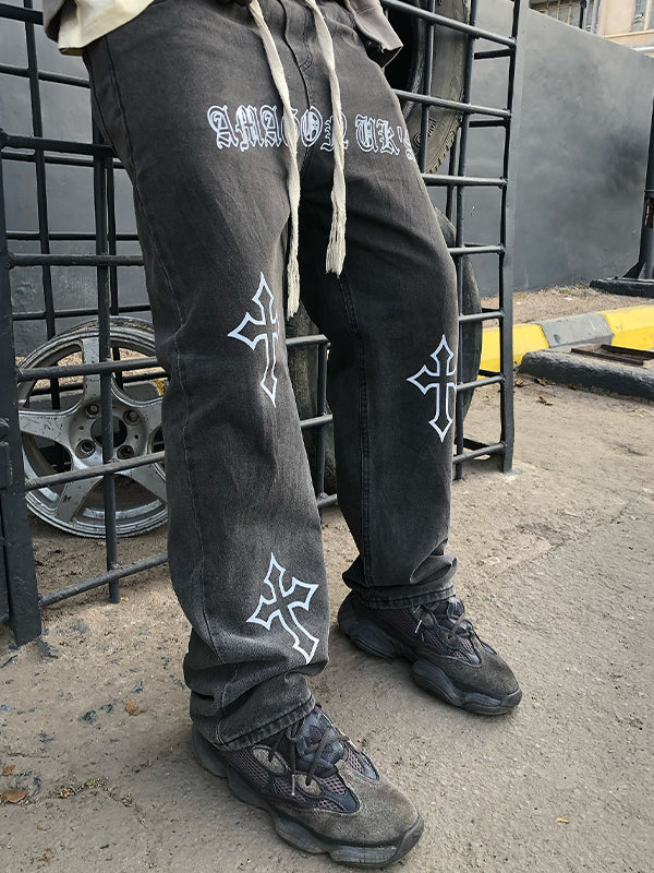Men's Cross Print Loose Jeans - Image 2