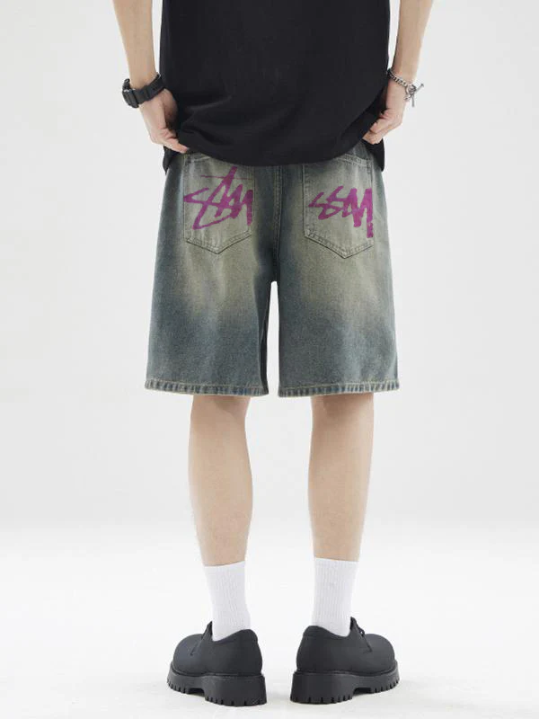 Men's Letter Print Loose Casual Denim Shorts - Image 2