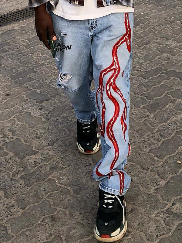 Men's Lightning Print Loose Jeans - Image 2