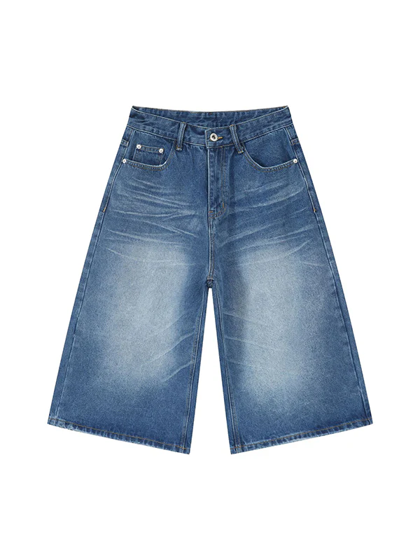 Men'S Retro Washed Wide Leg Straight Denim Shorts - Image 6
