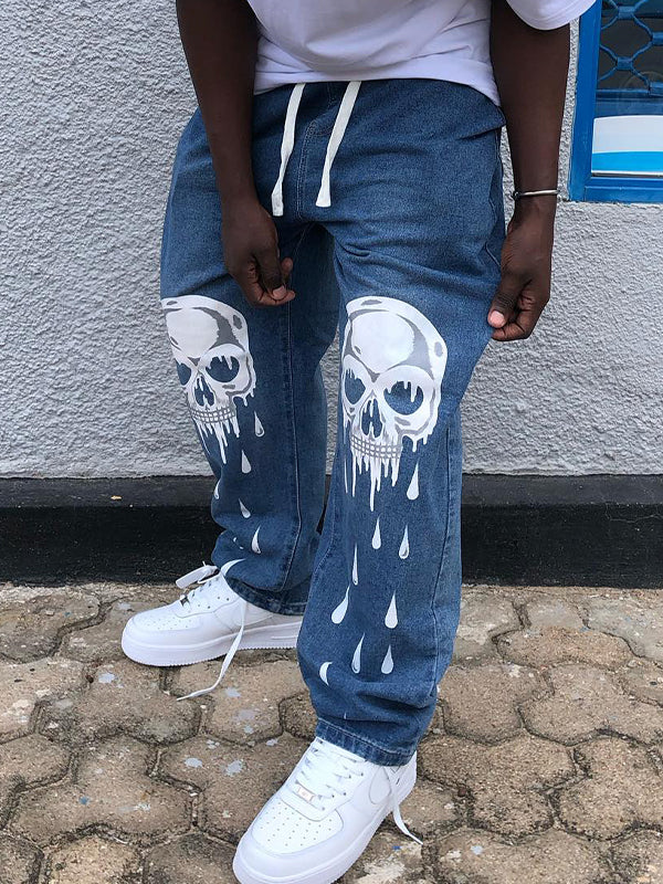 Men's Skull Print Loose Jeans - Image 2