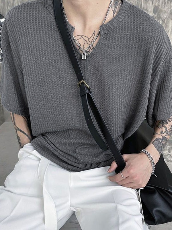 Men's Solid Mesh Notched Neck Short Sleeve Tee - Image 7