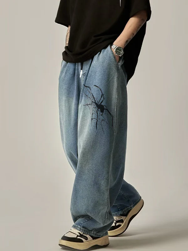 Men's Vintage Spider Print Loose Jeans