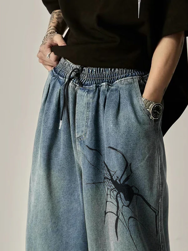 Men's Vintage Spider Print Loose Jeans - Image 3