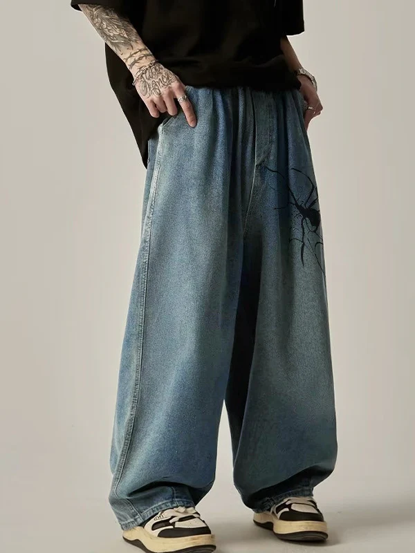 Men's Vintage Spider Print Loose Jeans - Image 4