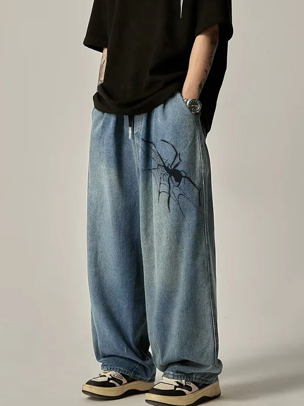 Men's Vintage Spider Print Loose Jeans - Image 5