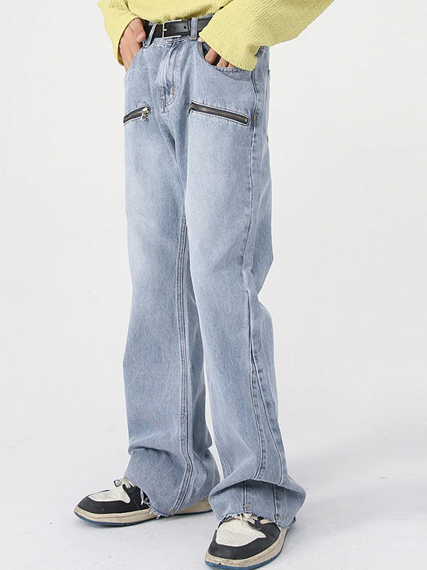 Men's Washed and Aged Micro Zip Loose Jeans - Image 2