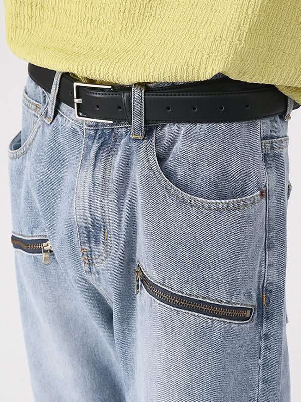 Men's Washed and Aged Micro Zip Loose Jeans - Image 3