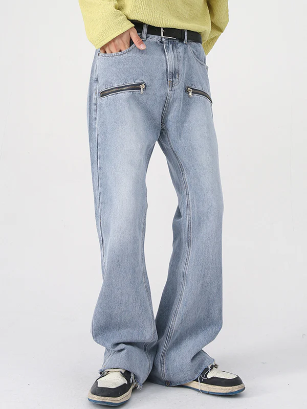Men's Washed and Aged Micro Zip Loose Jeans - Image 4