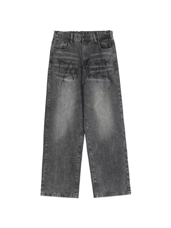 Men's Washed Crackle Print Loose Jeans - Image 2
